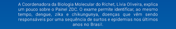 A Coordenadora da Biologia Molecular do Richet, Lívia Oliveira, explica um pouco sobre o Painel ZDC. O exame permite identificar, ao mesmo tempo, dengue, zika e chikungunya, doenças que vêm sendo responsáveis por uma sequência de surtos e epidemias nos últimos anos no Brasil.