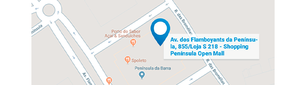 Av. dos Flamboyants da Península, 855/Loja S 218 - Shopping Península Open Mall. Dentro do condomínio Península.