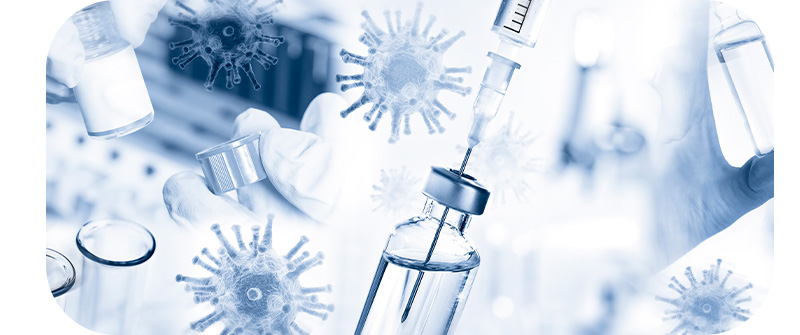 Imagem, seringa e representações de vírus.