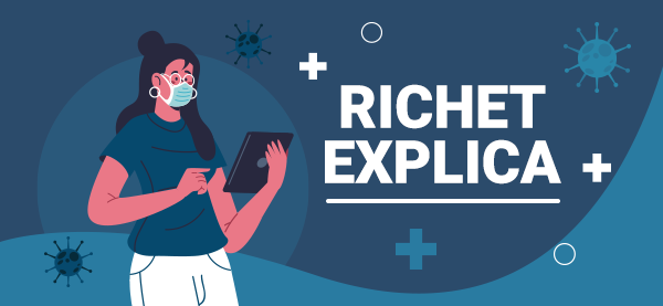 Imagem, mulher com máscara de proteção segurando um tablet. Ao fundo imagens representando vírus. Sobre a imagem o texto, Richet Explica.