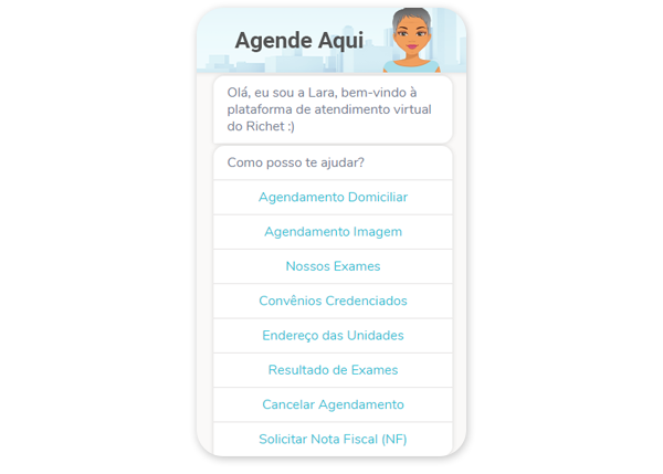 Imagem, tela do chatbot richet com lista de serviços passíveis de agendamento.