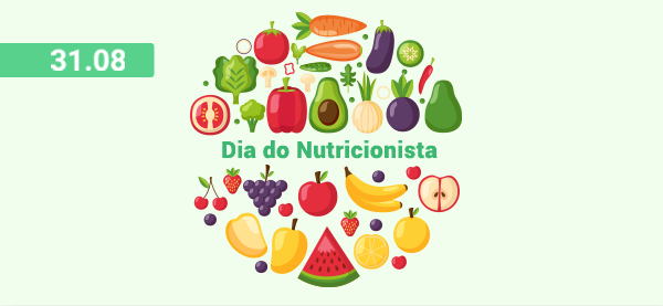 Imagem. 31 de agosto, dia do nutricionista. Diversas frutas sobre fundo verde.