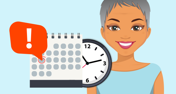 Imagem, atendente virtual Richet ao lado de um calendário e um relógio.