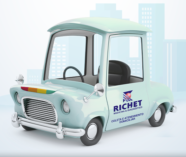 Imagem, carro customizado richet. Escrita na porta. Richet, Medicina e diagnóstico. Coleta e atendimento domicialiar.